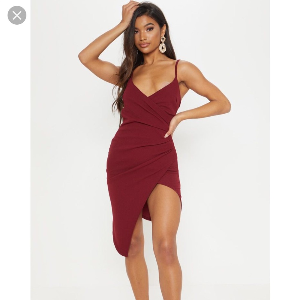 Lauriell Burgundy Wrap Front Crepe Midi Dress